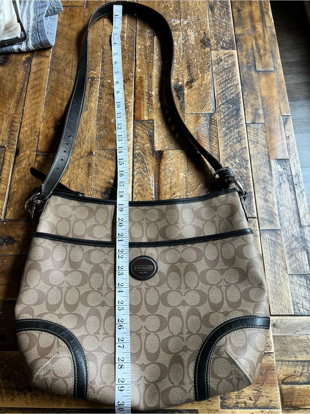 Coach Brown Monogram Crossbody Bag with Black Trim